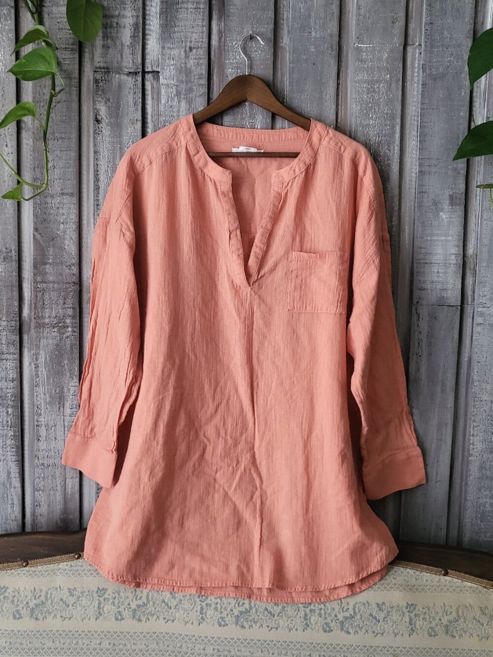 O'Neill Cotton Gauze Tunic Shirt Coral Pink Embroidered Placket XXL